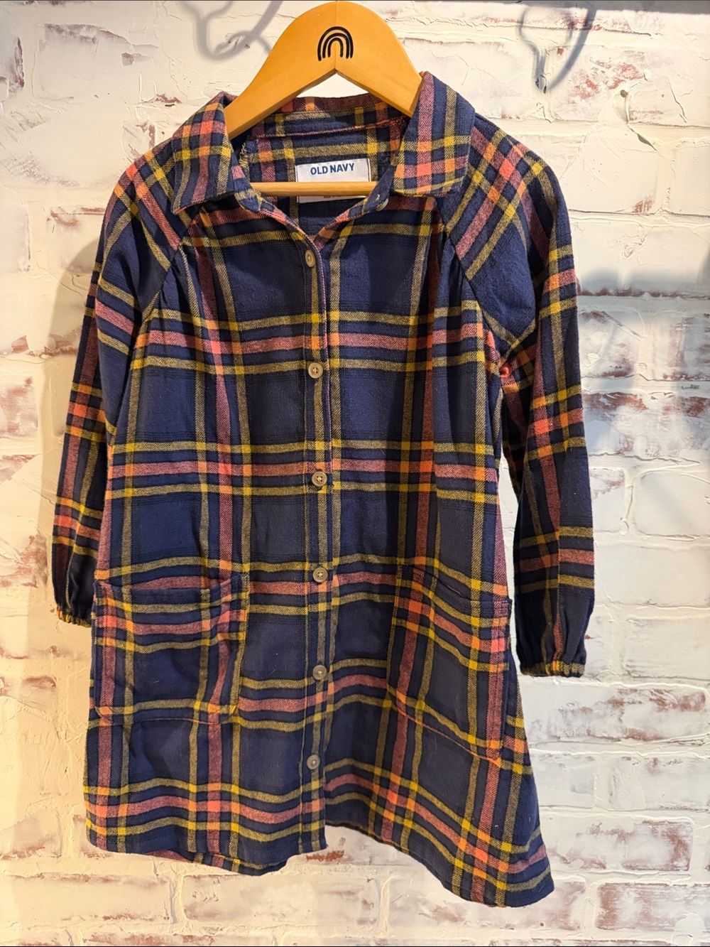 Old Navy Navy Plaid Button-Front Tunic Dress with Yellow and Pink Stripes